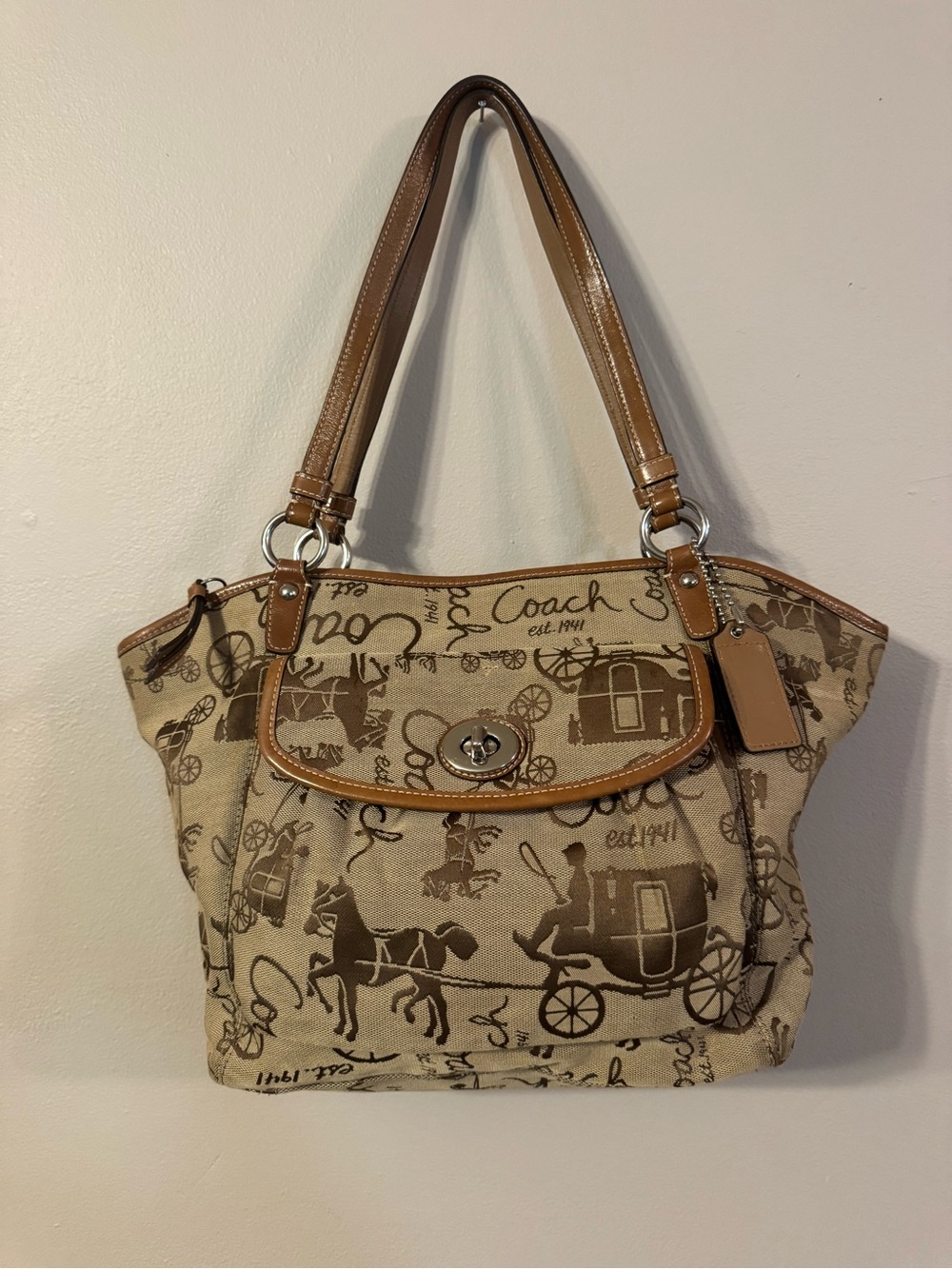 Coach Canvas Shoulder Bag in Tan and Brown